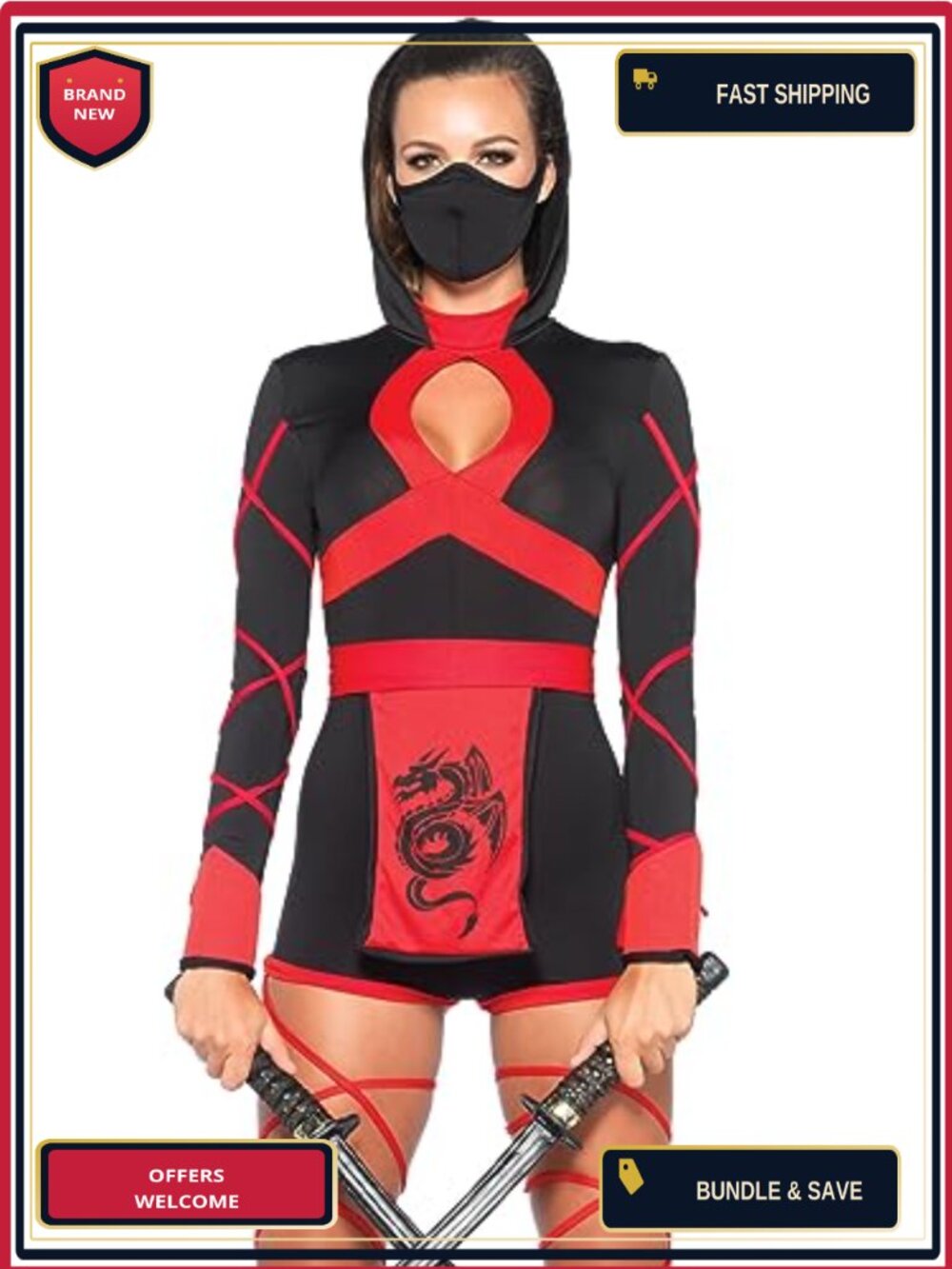 Sexy Dragon Ninja Costume Hooded Romper Waist Sash Face Mask